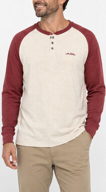 KAVU Mens XL Henley Shirt Cream Burgundy Hemp Blend Long Sleeve Outdoor Casual